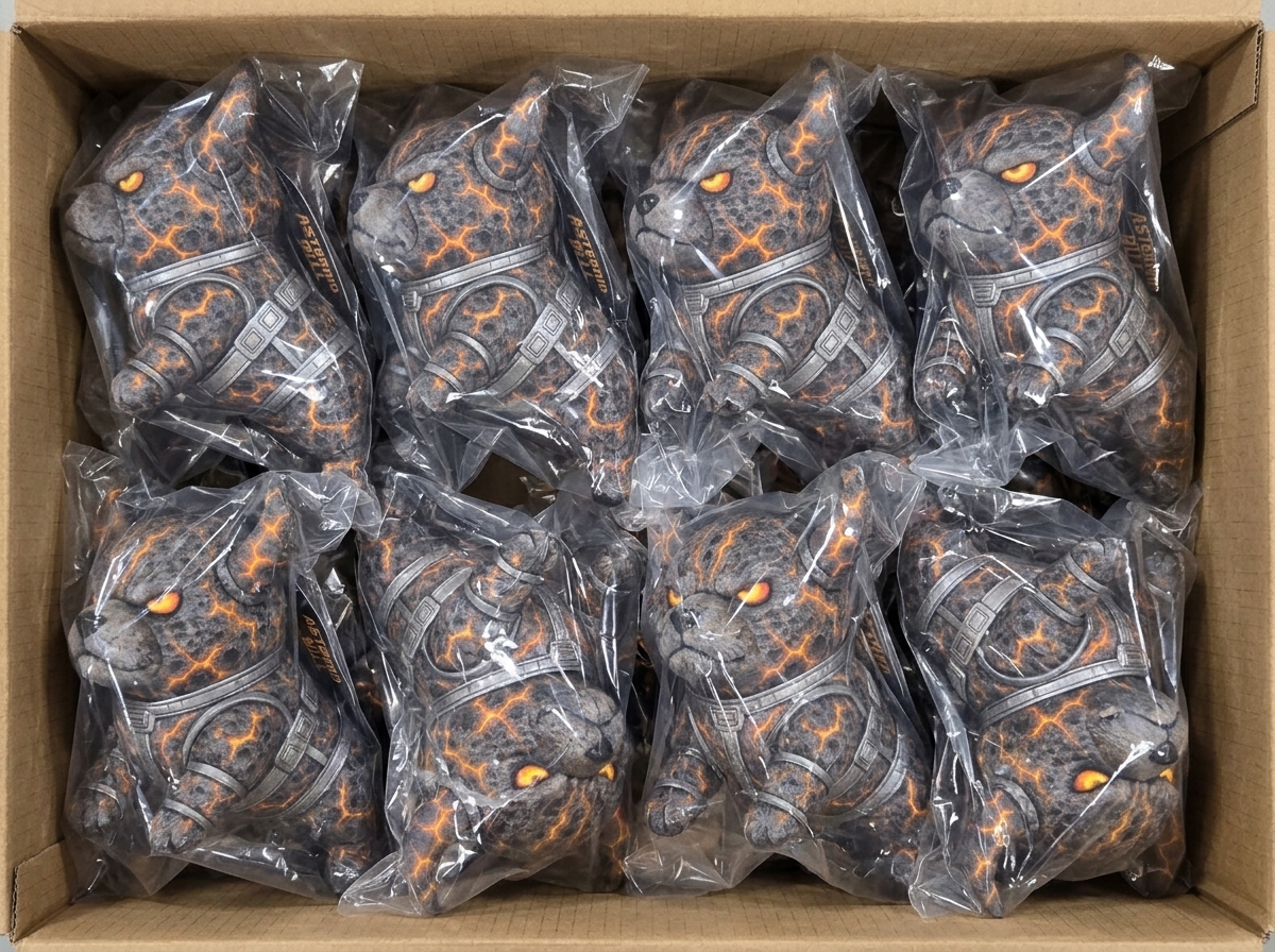 ASTEROID plushes on pallets, ready to ship